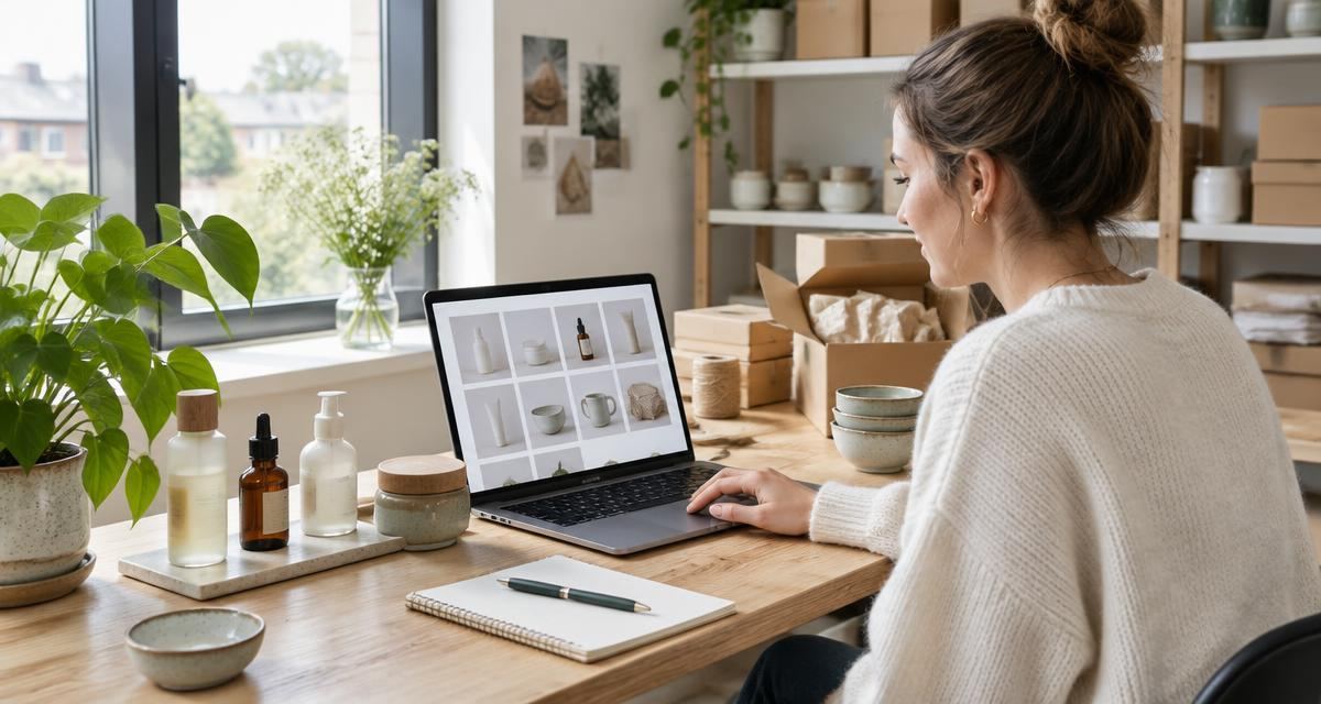 Webshopondernemer bekijkt een productcatalogus op een laptop naast producten en verzenddozen.