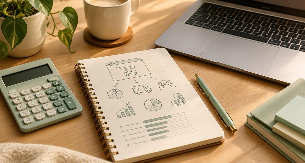 Rekenmachine en notitieboek met een kostenoverzicht voor het starten van een webshop