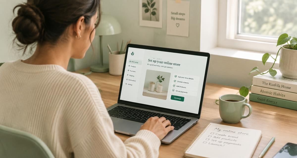 Ondernemer zet een nieuwe webshop op via een laptop aan een houten bureau
